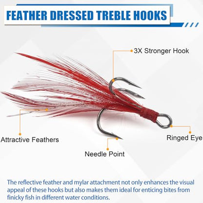 Fishing Treble Hooks Kit 50pcs Feather Dressed High Carbon Steel Triple Barbed Hooks Strong Sharp Round Bend for Catfish Trout Hard Baits Lures Freshwater Saltwater Fishing