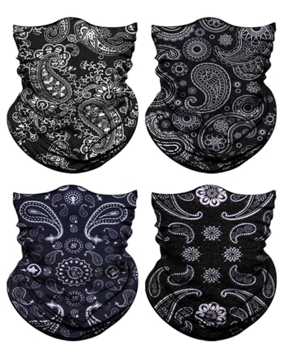 4Pack Neck Gaiter for Men Women Face Cover Mask Head Wrap Balaclava Headwear Bandana Headband Magic Scarf - color: A-black-paisley-1
