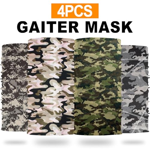 4Pack Neck Gaiter for Men Women Face Cover Mask Head Wrap Balaclava Headwear Bandana Headband Magic Scarf - color: A-camo-2