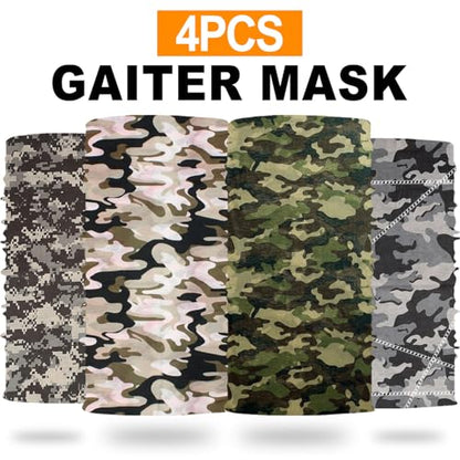 4Pack Neck Gaiter for Men Women Face Cover Mask Head Wrap Balaclava Headwear Bandana Headband Magic Scarf - color: A-camo-2