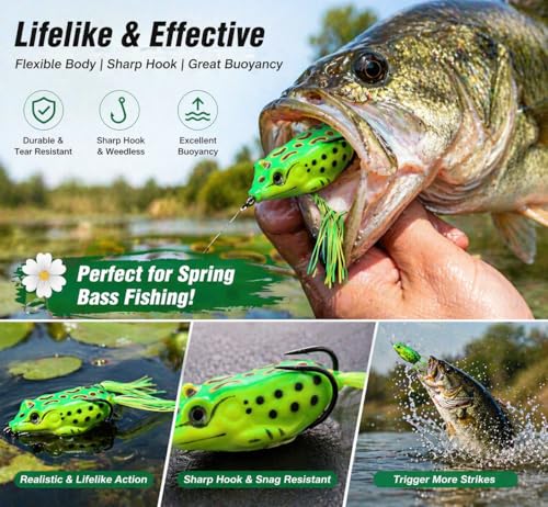Fish Catcher, Spring Bass Fishing Gift, Novice Angler Friendly, Weedless Soft Plastic Topwater Frog Popper Lures with Embedded Hooks, Realistic Action, 5-Piece 2.16"