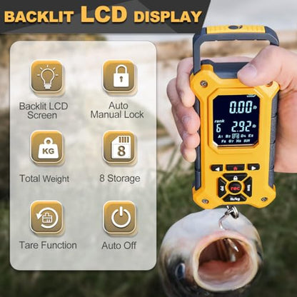 SNAIL TRAIL 8 Storage Bins 50 lbs Digital Fish Weighing Scale & 7.5'' Lip Gripper, Bass Fishing Tournament Culling, Hand Held Travel Items, Electronic Hanging Weight Machine for Luggage, Suitcase, Bag - color: Yellow