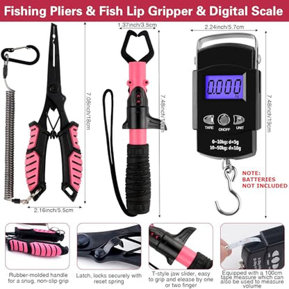 3-Layer Pink Fishing Tackle Box with Tackle Included, Fishing Tools Kit Includes Pliers Fish Lip Gripper Scale Crankbait Spinnerbaits Soft Baits Hooks, Ideal Gift for Angler Saltwater Freshwater - color: Pink