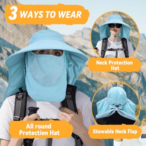 Sun Hats for Men Women Detachable Face Cover Wide Brim Fishing Hats with Neck Flap UPF 50+ Outdoor Safari Hats - color: Blue