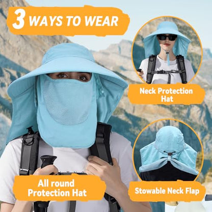 Sun Hats for Men Women Detachable Face Cover Wide Brim Fishing Hats with Neck Flap UPF 50+ Outdoor Safari Hats - color: Blue