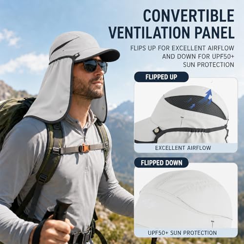 Palmyth Fishing Sun Hat with Detachable Neck Flap UPF 50+ Baseball Cap | Convertible Ventilation Panel, Sunglass Lock, Water Resistant, Foldable, Ventilation Holes, 3 Ways to Wear, Men & Women - color: Light Grey