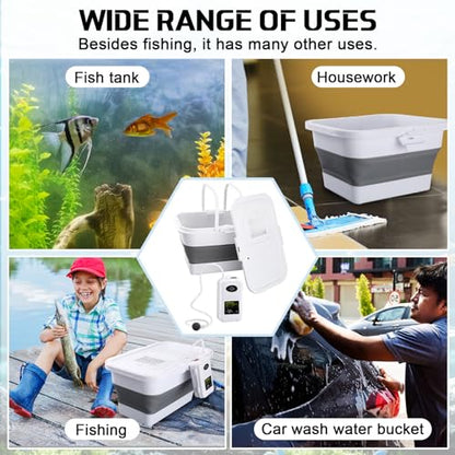 2 Pcs Fishing Bucket and Live Bait Aerator, 13L Foldable Multi Functional Live Bait Bucket Portable Quiet Aerator 14 Quarts Collapsible Fish Transport Container for Outdoor Fishing