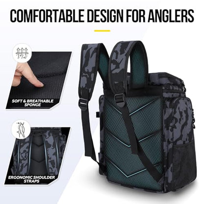 PLUSINNO Fishing Backpack with Tackle Boxes,Fishing Gear,42L Waterproof tackle Backpack with Rod Holders,Lures,Tools,Pliers & Accessories, Fish Gifts for Men - color: Black Camouflage With Tools