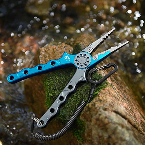 Piscifun Saltwater Fishing Pliers, Aluminum, Split Ring, Braid Cutter | Hook remover, tungsten carbide blade, spring-loaded jaws, ergonomic grip, sheath and lanyard - color: Blue, style: Rubber Sheath
