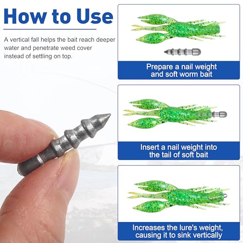 Fishing Nail Weights Kit, 53pcs Wacky Worm Weights Insert Sinkers for Bass Fishing Soft Plastic Lures Neko Rig Wacky Rig Weights Insert Pencil Nail Sinkers 4 Sizes