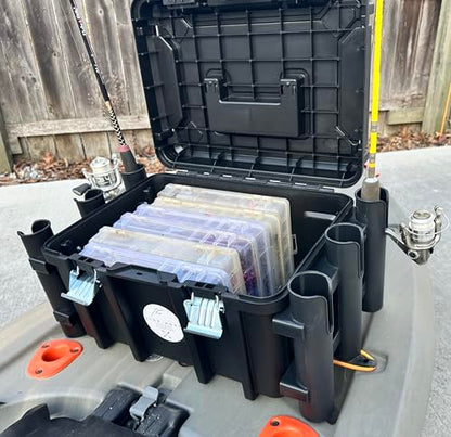 Kayak Fishing Crate - 6 Integrated Rod Pole Holders, Tackle Box Accessory Storage Area and Tray with Lockable Lid - No Assembly Required!