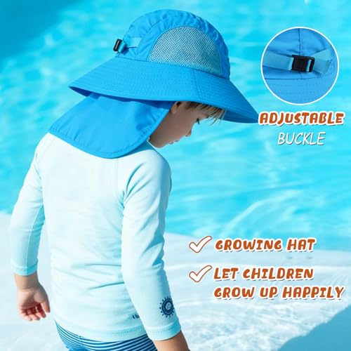 Outdoor Kids Sun Hats with Neck Flap Boys Girls Wide Brim UPF 50+ UV Protection Children Bucket Hat Safari Hat - color: 1pack-blue