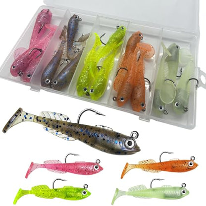 15Pcs Pre-Rigged Jig Head Soft Mini Fishing Lures，2.5"/0.25oz Paddle Tail Swimbaits/3D Eyes,Ice Fishing Jigs Lures Kit,Fishing Bait for Bass,Pike, Bluegill and Sunfish Freshwater Saltwater