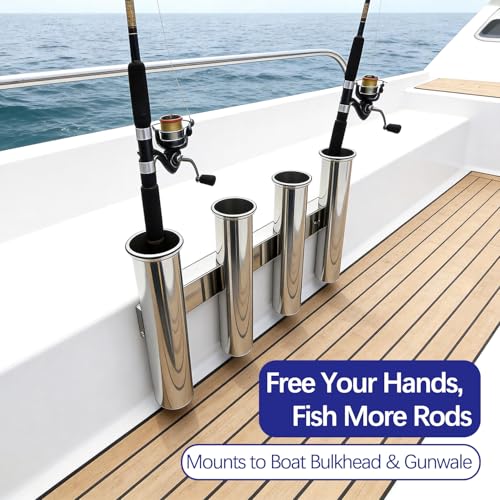 Wall Mounted 4 Tubes Linked Stainless Steel Fishing Rod Holder for Boat | Boat rod storage, rust-proof marine steel, vertical space-saving, self-draining base, hands-free gear organization