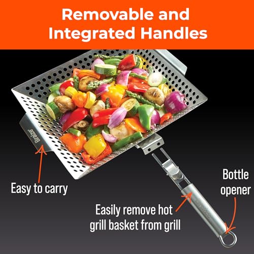 Heavy-Duty Stainless Steel Grill Basket – 12" x 13.75" Large BBQ Basket with Removable Handle – Durable Grilling Basket for Vegetables & Meat – Outdoor Cooking Accessory for Gas & Charcoal Grills - size: w/out Scrub Sponges