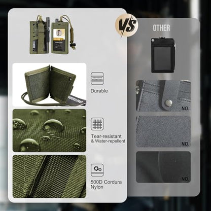 OneTigris Tactical ID Card Holder Hook & Loop Patch Badge Holder Neck Lanyard Key Ring and Credit Card Organizer, Green - color: Ranger Green