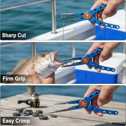 7.9 in Aluminum Fishing Pliers with Stainless Steel Cutters, Sawtooth Jaws, Lanyard and Sheath, Classic Blue