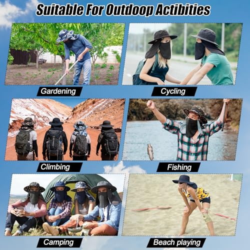 4 Pack Sun Hats for Men Women UPF 50+ Wide Brim Fishing Bucket Hat Summer Outdoor UV Protection Adjustable Neck Flap - color: Camouflage Green, Camouflage Blue, Gray, Blue