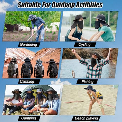 4 Pack Sun Hats for Men Women UPF 50+ Wide Brim Fishing Bucket Hat Summer Outdoor UV Protection Adjustable Neck Flap - color: Camouflage Green, Camouflage Blue, Gray, Blue