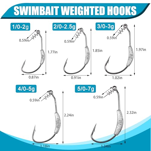 Weighted Swimbait Hooks for Bass Fishing,15 Pack Jig Heads Worm Weedless Fishing Hooks with Twist Lock for Soft Plastics Worm Weighted Hooks Saltwater Freshwater - size: 2/0_2.5g_15pcs