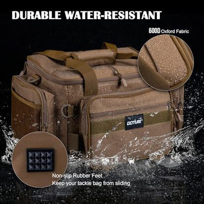 Goture Fishing Tackle Bag,Store Up to 4PCS 3700 Tackle Boxes(Not Included),600D Soft Side Water-Resistant Saltwater Gear Storage Fishing Bag with Rod Straps,Detachable Water Bottle Pouch,SBS Zippers - color: A3:Khaki(Without Trays-17.72"x11.81"x9.45"), si