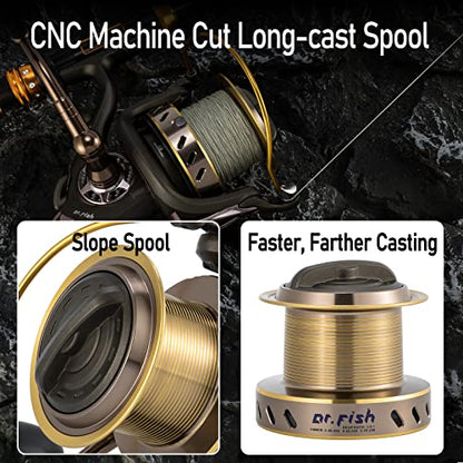 Dr.Fish Long Shot Spinning Reel, 10000/12000 Saltwater Surf Fishing Reel, 13+1 BBS, 48LB Max Drag, Ultra High Capacity, Heavy Duty Long Cast Offshore Trolling Surf Casting - color: LS-10000