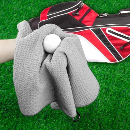 Livious 3 Pack Golf Towels,16" x 16" Portable Microfiber Fabric Waffle Pattern Golf Towel for Golf Bag with Carabiner Clip - color: Black/Gray/Red