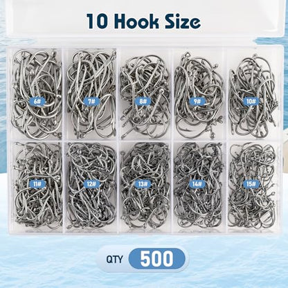 500PCS Barbed Fishing Hooks, 10 Sizes High Carbon Steel Fish Hooks, High Strength & Sharp Point with Plastic Storage Box, Suitable for Freshwater & Saltwater