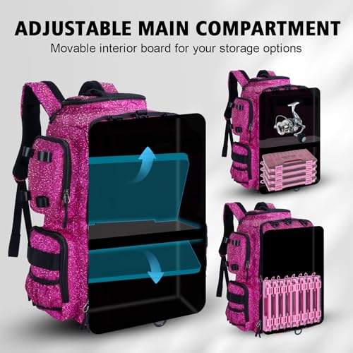Goture Fishing Backpack with 4 Tackle Boxes,900D Water-Resistant Tackle Backpack with Rod Holders,45L Large Fishing Bag Storage Gear Tackle Bag with Rain Cover,Bottle Holder for Travel Camping Hiking - color: A3:bling Pink With 4 Tackle Boxes