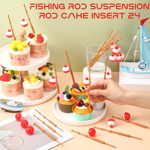 Reallnaive 24 Pcs Fishing Float Cupcake Toppers Fisherman Pole Picks Party Supplies Bulk, 3D Fish Bobber Push Button Round Buoy Floats for Fishing Birthday Party Decorations(Bobber) - style: Bobber