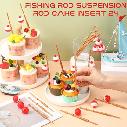 Reallnaive 24 Pcs Fishing Float Cupcake Toppers Fisherman Pole Picks Party Supplies Bulk, 3D Fish Bobber Push Button Round Buoy Floats for Fishing Birthday Party Decorations(Bobber) - style: Bobber