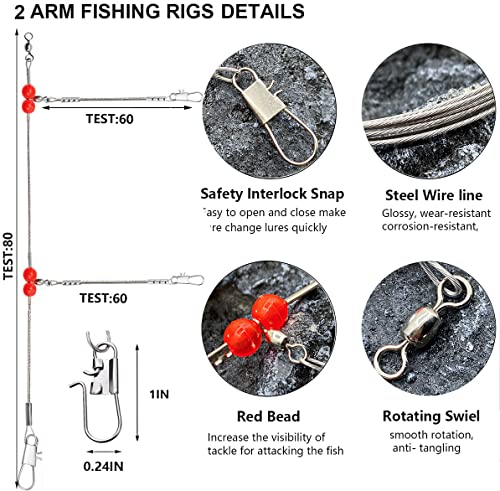 YOTO Fishing Leaders,Stainless Steel Tackle Rig with Tackle Lure Swivels Snaps, Saltwater rig Wire Leader Fishing Leader Wire Bottom rigs for Saltwater - color: White Fishing Leaders, style: 1arm+2arm-24pcs