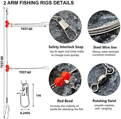 YOTO Fishing Leaders,Stainless Steel Tackle Rig with Tackle Lure Swivels Snaps, Saltwater rig Wire Leader Fishing Leader Wire Bottom rigs for Saltwater - color: White Fishing Leaders, style: 1arm+2arm-24pcs