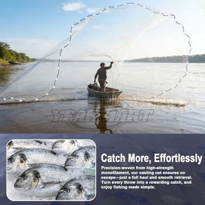 Yeahmart Handmade American Cast Net, 3ft-8ft Radius Casting Net for Saltwater & Freshwater, 3/8 Inch Mesh Monofilament Bait Trap Rust-Proof PVC Coated Sinkers, Easy Throw, Bucket & Repair Kit Included - size: 8ft Radius