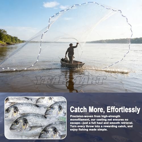 Yeahmart Handmade American Cast Net, 3ft-8ft Radius Casting Net for Saltwater & Freshwater, 3/8 Inch Mesh Monofilament Bait Trap Rust-Proof PVC Coated Sinkers, Easy Throw, Bucket & Repair Kit Included - size: 3ft Radius