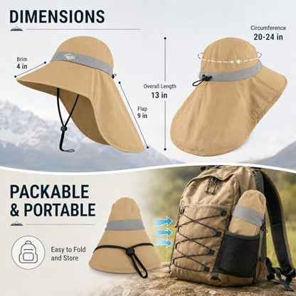 Palmyth Fishing Hat UPF 50+ Sun Protection Neck Flap Hat for Men and Women | Cooling Neck Flap, Water Resistant, Wide Brim, Detachable Chin Strap, Breathable Mesh, Sweatband, Adjustable Buckle, Packable - color: Khaki