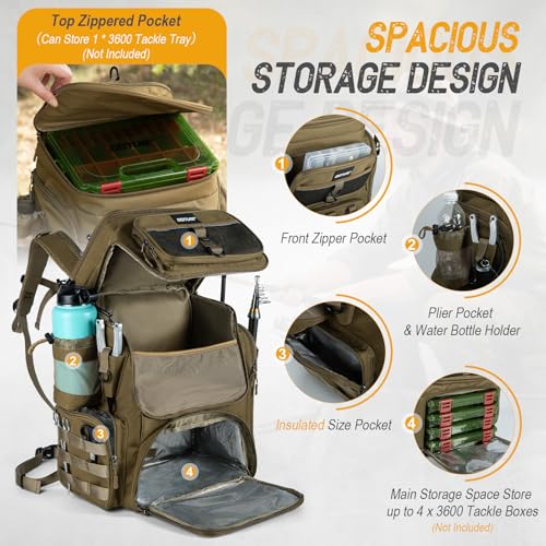 Goture Fishing Backpack, 900D Water-Resistant Tackle Bag with Rod Holders, Insulated Cooler Compartment, 55L Large Capacity Fishing Gear Storage for Saltwater&Freshwater Camping Hiking,Gifts for Men - color: A2:khaki(without Tackle Boxes)