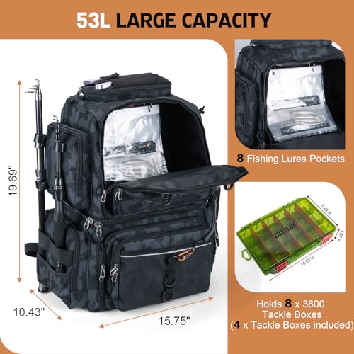 Goture Fishing Backpack with 4 Tackle Boxes, 53L 600D Water-Resistant Tackle Backpack with Cooler,Rod Holders, 8 Lure Pockets, Rain Cover, Large Fishing Bag Storage Gear Tackle Bag for Camping Hiking - color: C4:53l Insulated Camo(with 4 3600 Tackle Boxes