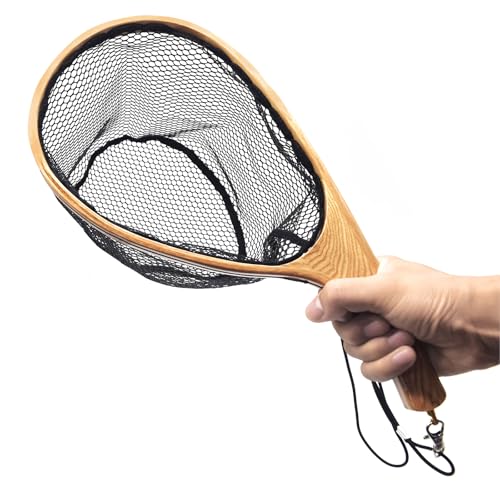 Small Wooden Frame Fly Fishing Landing Net With Soft Rubber Mesh for Trout Bass Catch and Release - Fishing Gear - color: Curved Handle