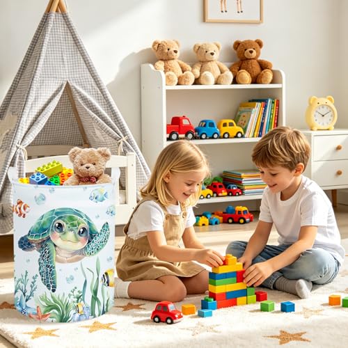 Clastyle Large Fish Sea Turtle Baby Basket Ocean Coral Seaweed Starfish Toy Book Shelf Basket Waterproof Pool Toy Beach Towel Storage Bin Collapsible Dirty Clothes Hamper, Blue, 36 * 45 cm - size: 36*45 cm
