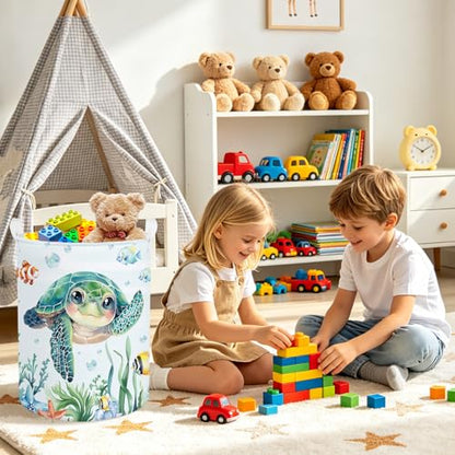 Clastyle Large Fish Sea Turtle Baby Basket Ocean Coral Seaweed Starfish Toy Book Shelf Basket Waterproof Pool Toy Beach Towel Storage Bin Collapsible Dirty Clothes Hamper, Blue, 36 * 45 cm - size: 36*45 cm