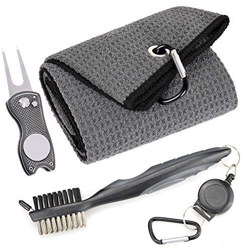 Mile High Life Microfiber Waffle Pattern Golf Towel | Club Groove Cleaner Brush | Foldable Divot Tool with Magnetic Ball Marker (Dark Gray Towel/Brush/Fish Divot) - color: Dark Gray Towel/Brush/Fish Divot
