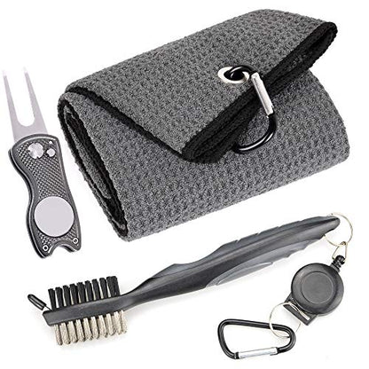 Mile High Life Microfiber Waffle Pattern Golf Towel | Club Groove Cleaner Brush | Foldable Divot Tool with Magnetic Ball Marker (Dark Gray Towel/Brush/Fish Divot) - color: Dark Gray Towel/Brush/Fish Divot