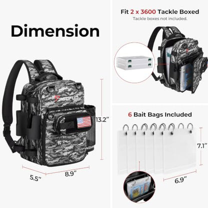 Piscifun Fishing Tackle Backpack, Convertible Sling or Waist Pack, 16-Pocket Storage Gear Bag with 2 Rod Holders & Rain Cover | 16 smart pockets, 2 rod holders, Rain cover, Breathable back support, Convertible sling/waist/backpack carry - color: Black Cam