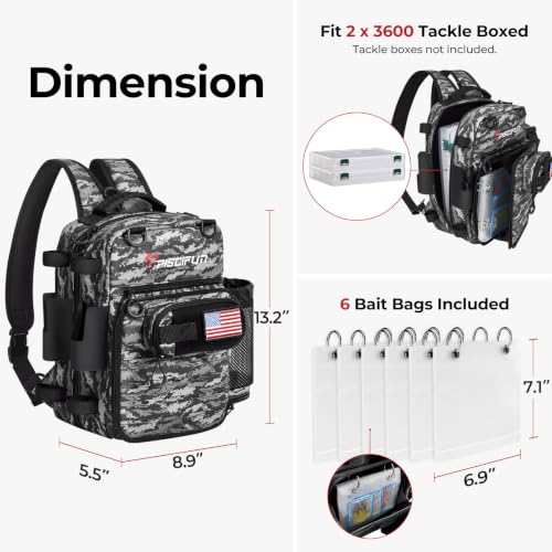 Piscifun Fishing Tackle Backpack, 3-Way Carry with Rod Holders | 16 smart pockets, 2 rod holders, Rain cover, Breathable back support, Convertible sling/waist/backpack carry - color: Black Camo