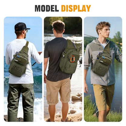 HUNTVP Fishing Sling Bag Lightweight Tackle Bag Small Fishing Backpack Tactical Shoulder Sling Bags with Rod Holder, Storge Gear and Equipment, Gifts for Men (Army Green) - color: Army Green