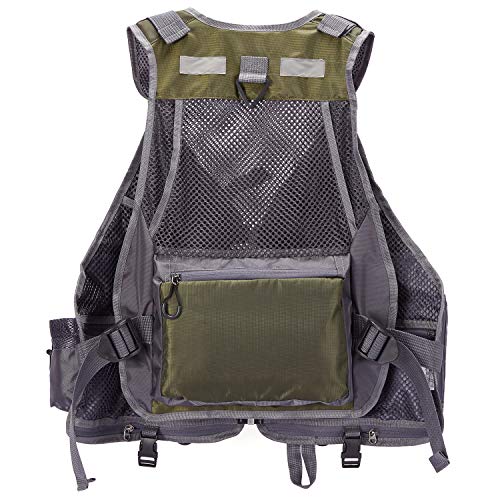 BASSDASH Strap Fishing Vest Adjustable for Men and Women, for Fly Bass Fishing and Outdoor Activities - color: Army Green With Hard Shell Flies Pockets