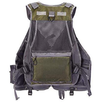 BASSDASH Strap Fishing Vest Adjustable for Men and Women, for Fly Bass Fishing and Outdoor Activities - color: Army Green With Hard Shell Flies Pockets