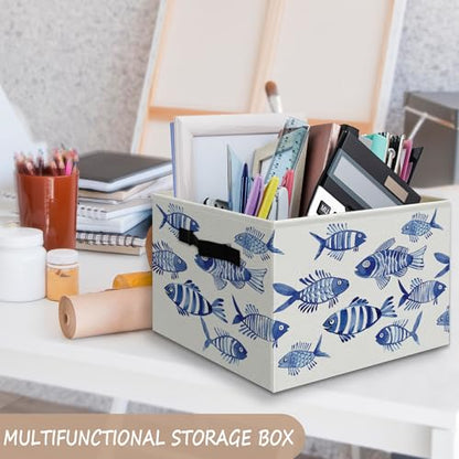 Blue Fish Beach Coastal Foldable Storage Bins Box with Handles, Watercolor Ocean Animals Fish Beachy Collapsible Organizer Basket for Beach Bedroom Bathroom Clothes Toys Books