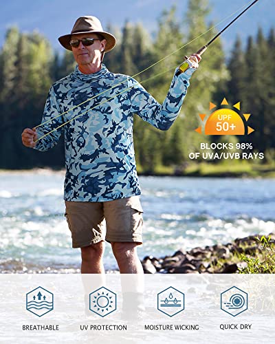 FISHEAL Men's Performance Fishing Hoodie Shirt - UPF 50+ Sun Protection Long Sleeve Thumbholes Shirts with Neck Gaiter - color: Aoyama Navy, size: 3X-Large